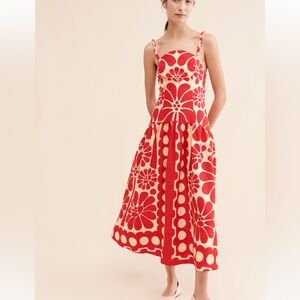 FARM Rio Red and Cream Floral Midi Dress